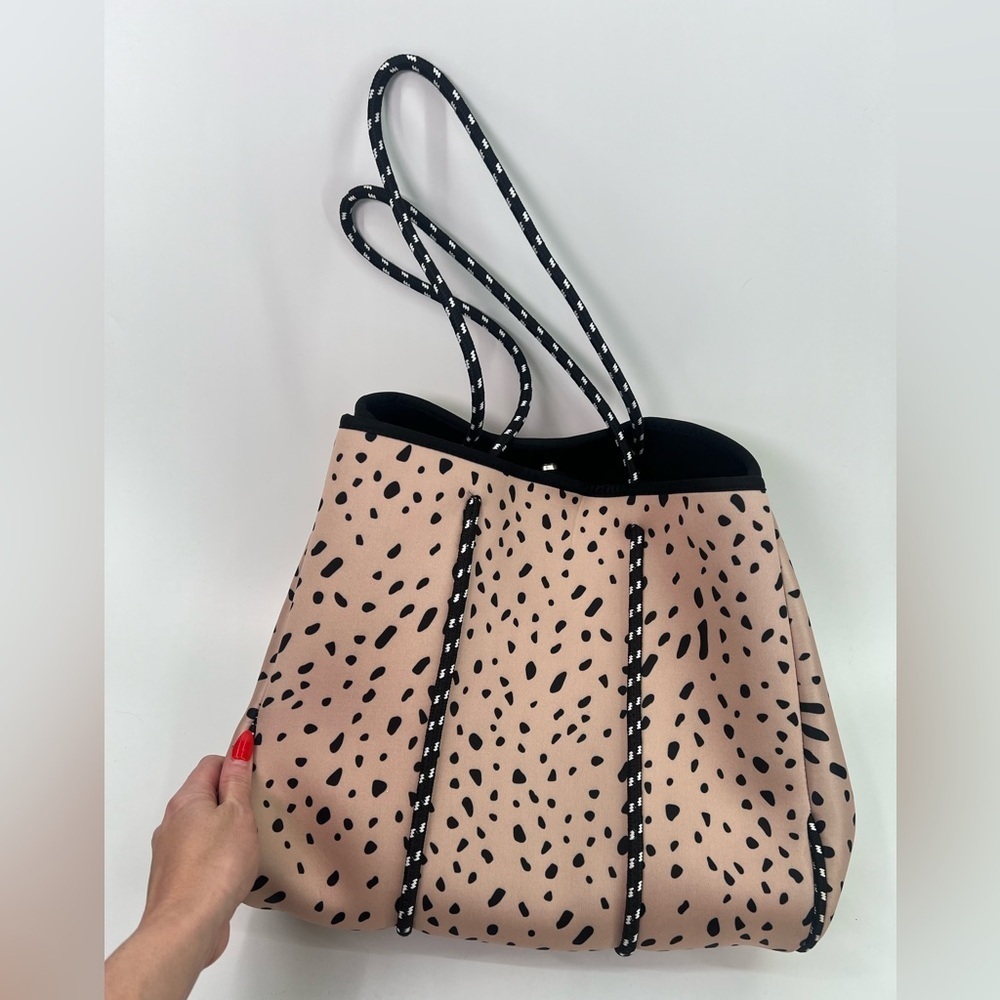 Large Neoprene Tote Bag and Wristlet Spring Fawn Blush Dots Pink Navy Stripes - Picture 5 of 15